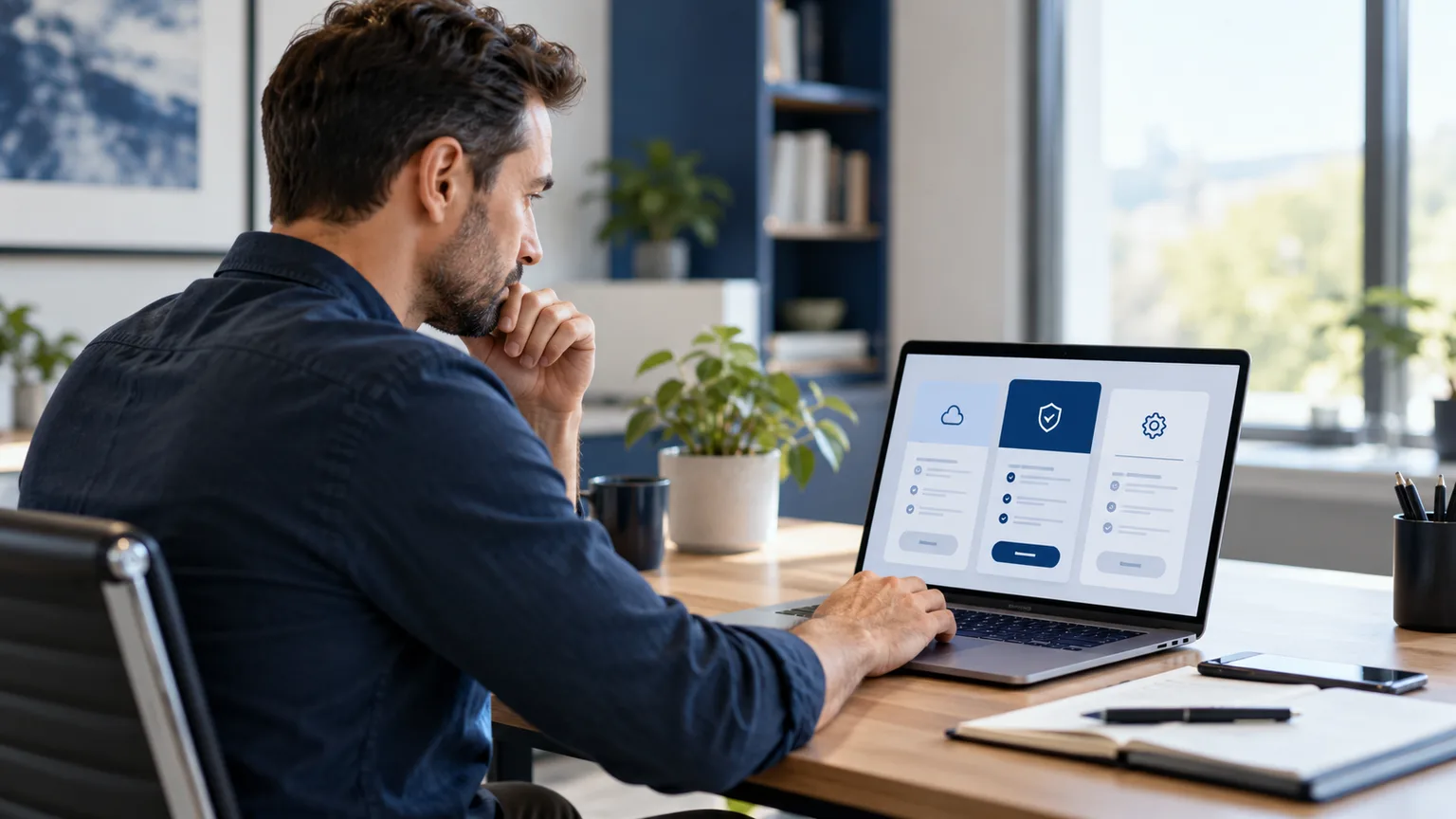 Illustrative scene: a business owner thoughtfully reviewing technology service options on a laptop at a clean desk, abstract interface without readable text.