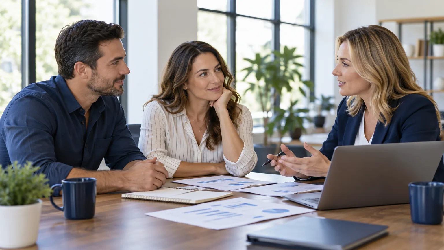Illustrative scene: a technology consultant discussing a business plan with two small-business owners in a light-filled meeting room.