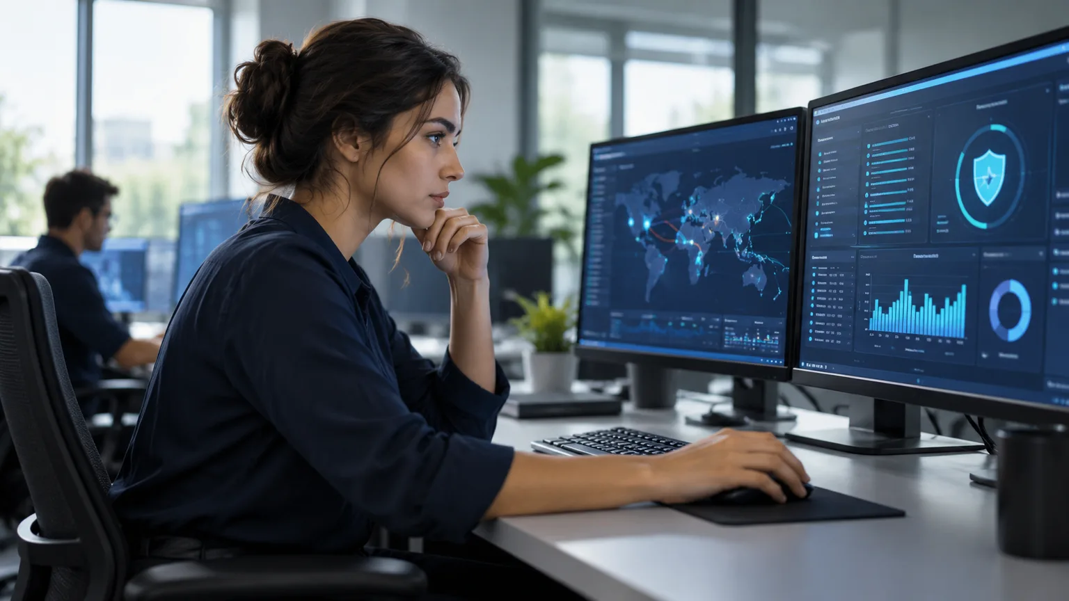 Illustrative scene: a cybersecurity professional reviewing a workstation with abstract security status indicators in a quiet contemporary operations room.