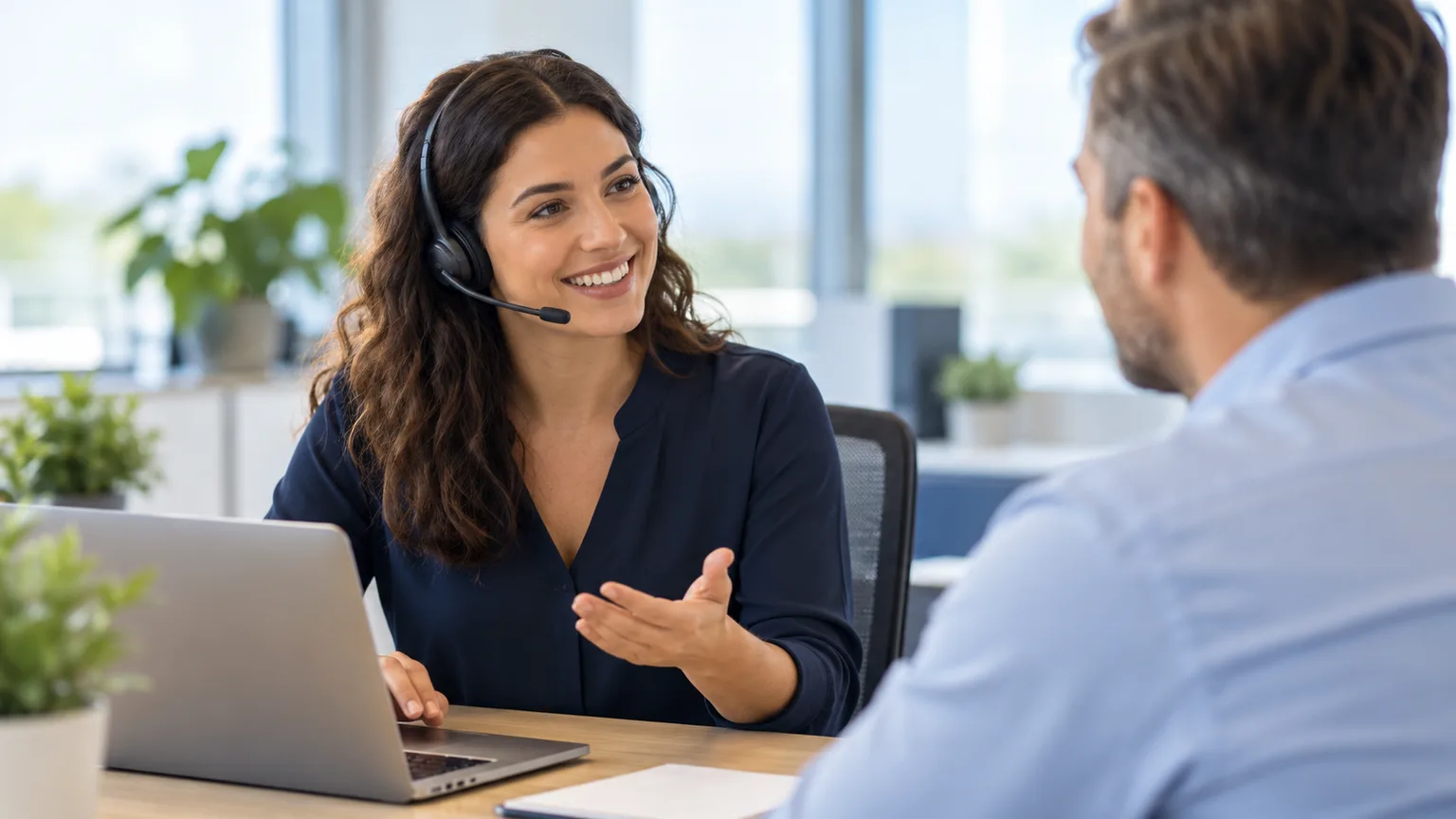 Illustrative scene: a friendly help desk specialist wearing a discreet headset assisting a business customer from a bright workspace.
