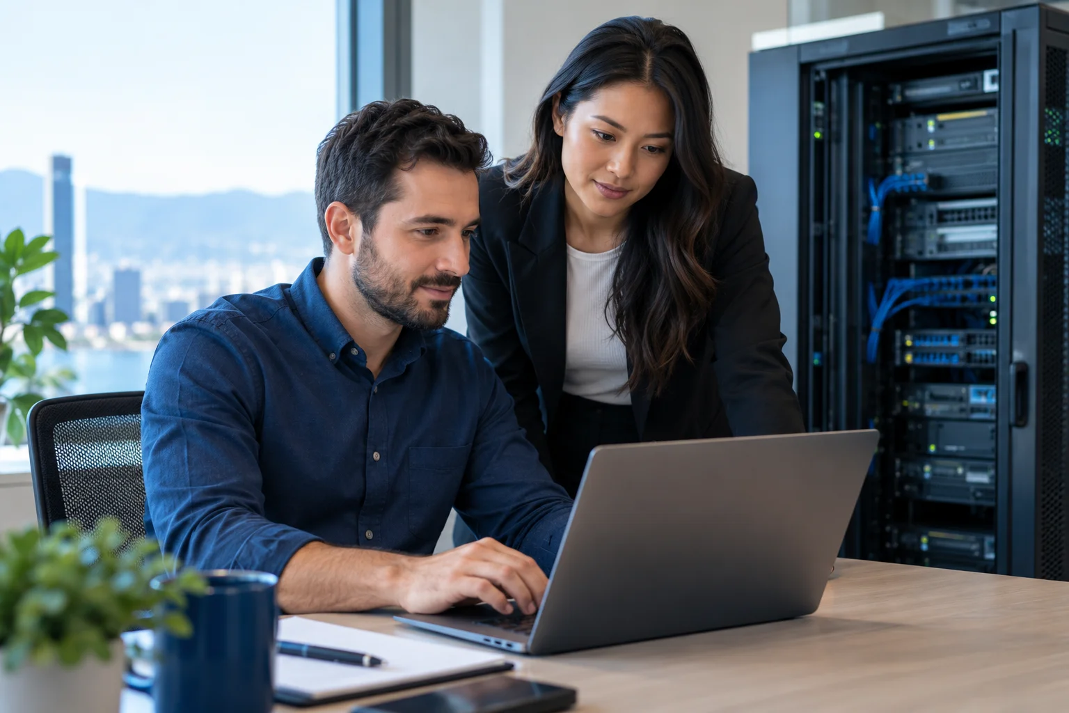 Illustrative IT professionals collaborating in a contemporary workspace.