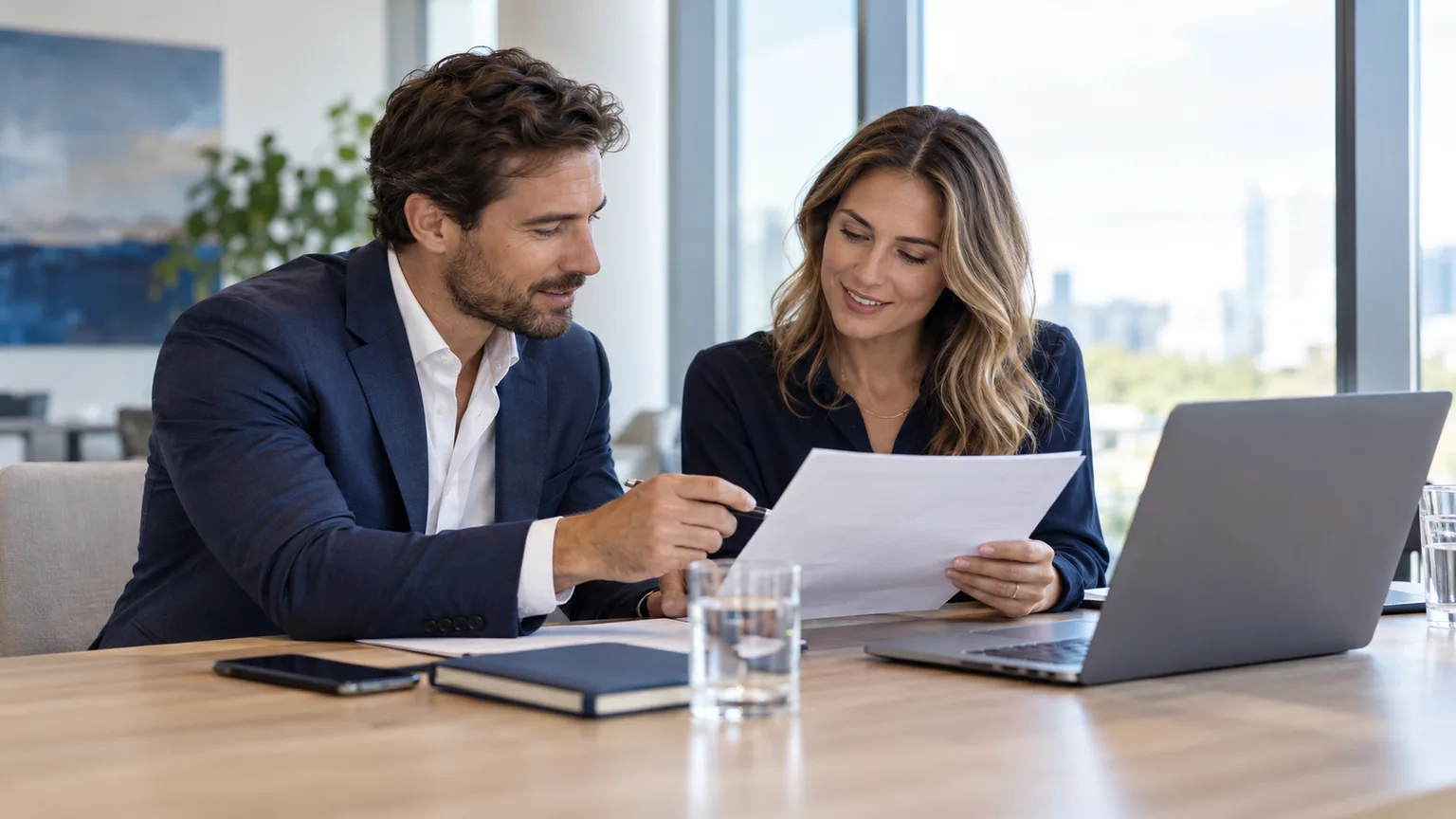 Illustrative scene: two business colleagues collaborating on a document beside a laptop in a bright contemporary meeting room, realistic screen with no readable content.